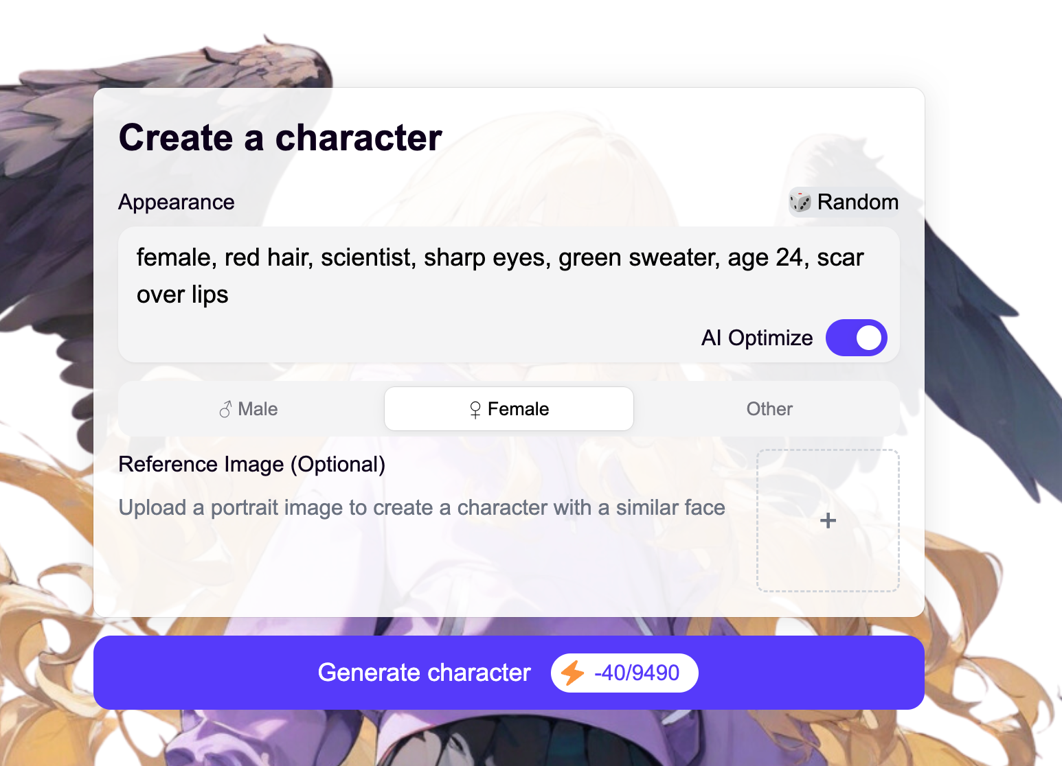 Enter Descriptive Prompt for AI Character