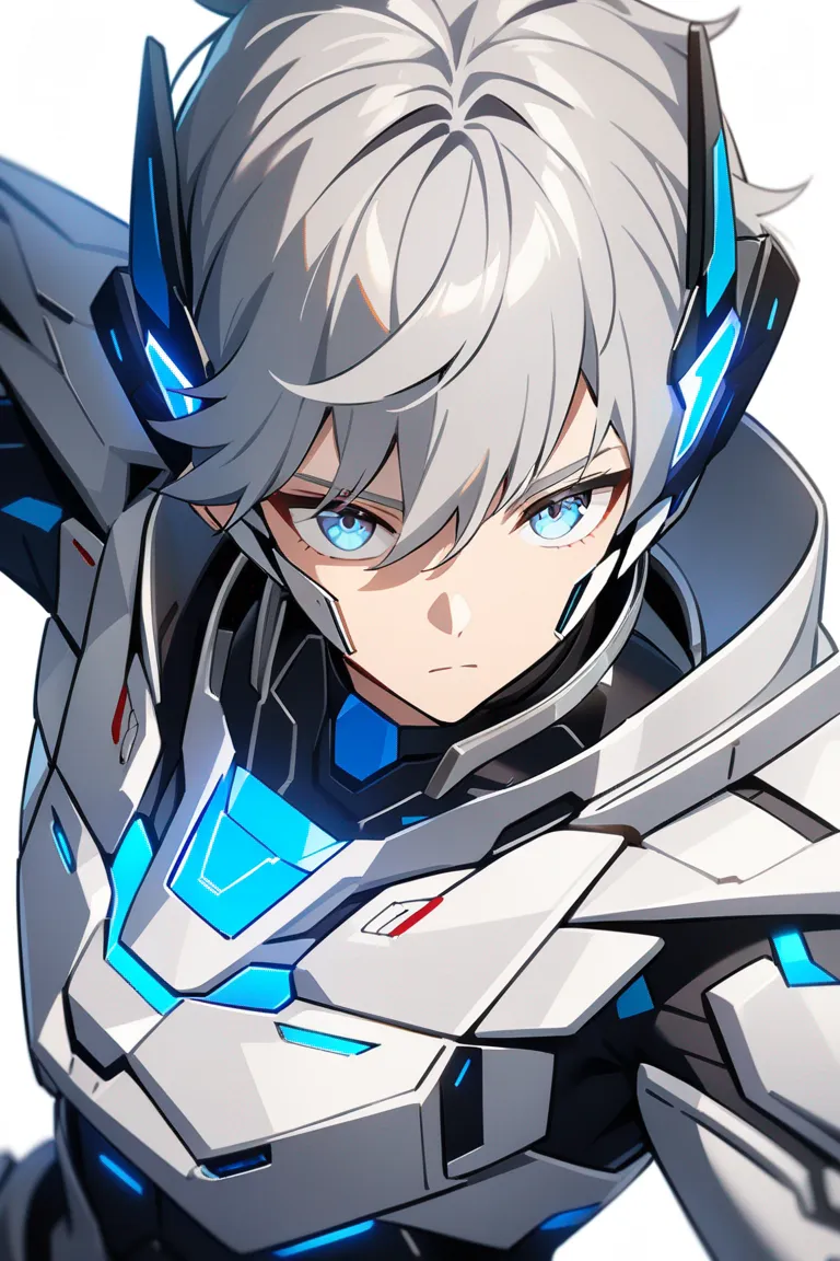 Appearance: 1boy, gray hair, light blue eyes, calm demeanor, Marvel style futuristic armor, cybernetic enhancements, confident pose, single character, upper body, looking at viewer, anime style, simple background, white background