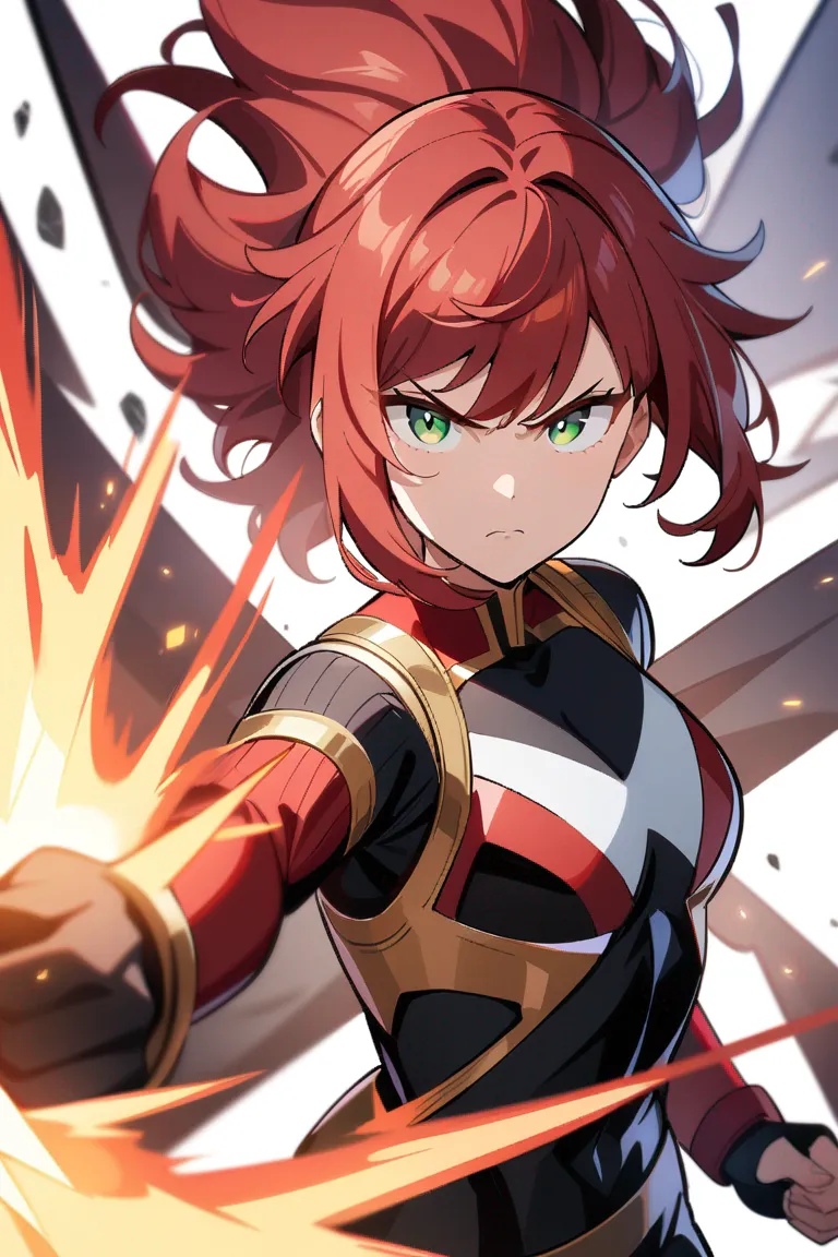 Appearance: 1girl, red hair, green eyes, determined expression, Marvel style superhero costume, energy powers, confident stance, single character, upper body, looking at viewer, anime style, simple background, white background