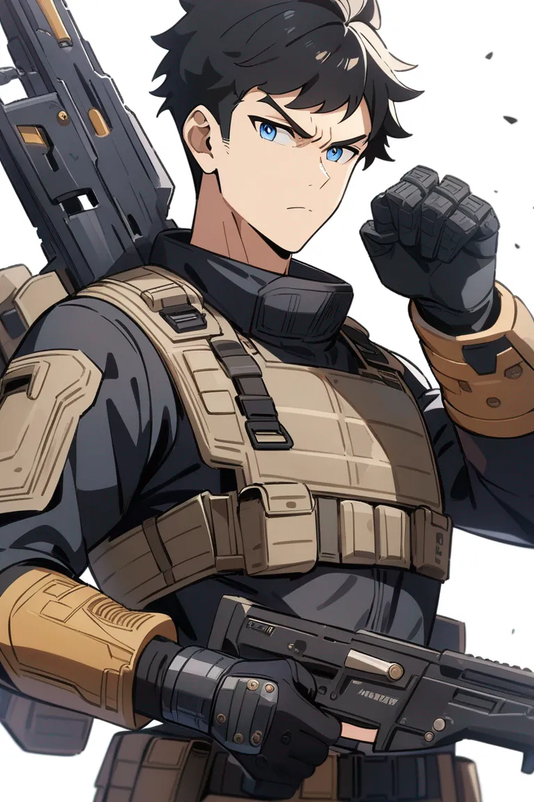 Appearance: 1boy, black hair, blue eyes, serious demeanor, Marvel style tactical outfit, technology gauntlet, ready for action, single character, upper body, looking at viewer, anime style, simple background, white background