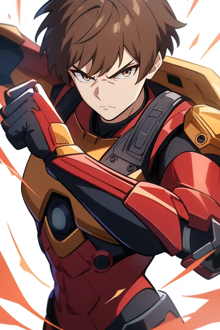 Appearance: 1boy, brown hair, hazel eyes, serious expression, Marvel style combat suit, energy gauntlets, ready for action pose, single character, upper body, looking at viewer, anime style, simple background, white background
