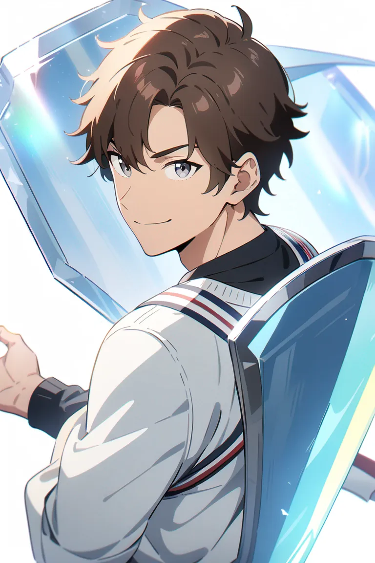 Appearance: 1boy, dark brown hair, gray eyes, charismatic smile, Marvel style casual clothing, holographic shield, heroic posture, single character, upper body, looking at viewer, anime style, simple background, white background