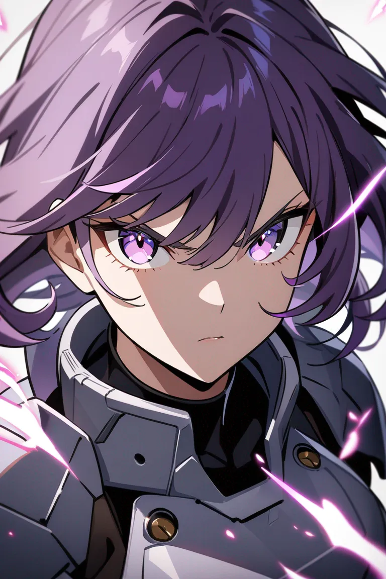 Appearance: 1girl, purple hair, violet eyes, fierce look, Marvel style armored suit, kinetic energy abilities, ready for combat, single character, upper body, looking at viewer, anime style, simple background, white background