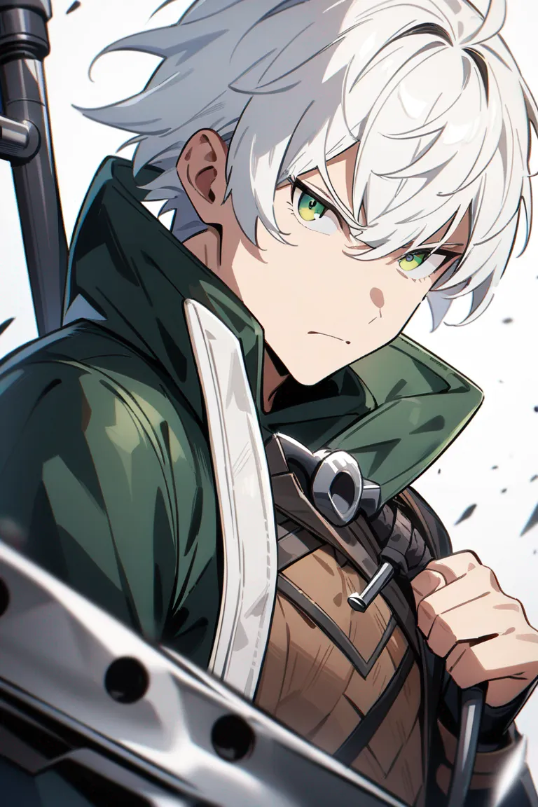 Appearance: 1boy, white hair, green eyes, brooding expression, Marvel style vigilante costume, grappling hook, stealthy pose, single character, upper body, looking at viewer, anime style, simple background, white background