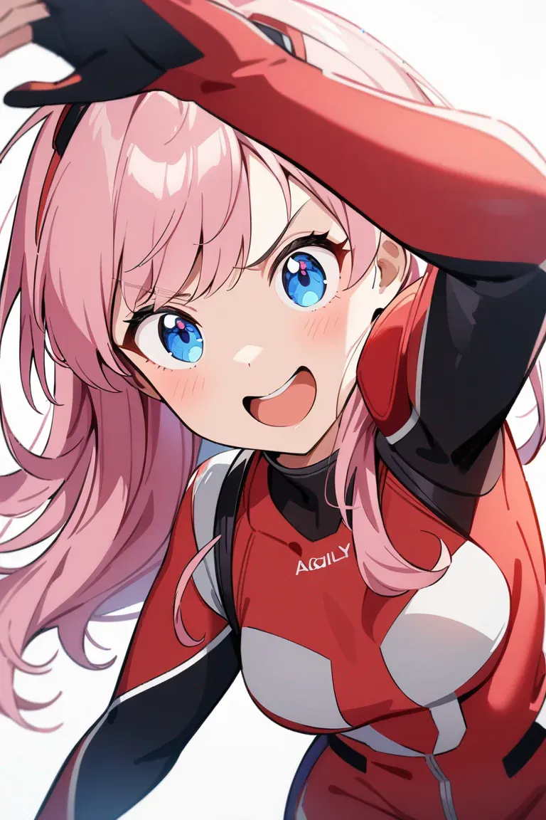 Appearance: 1girl, medium-length pink hair, bright blue eyes, excited expression, Marvel style agility suit, parkour stance, ready to leap pose, single character, upper body, looking at viewer, anime style, simple background, white background