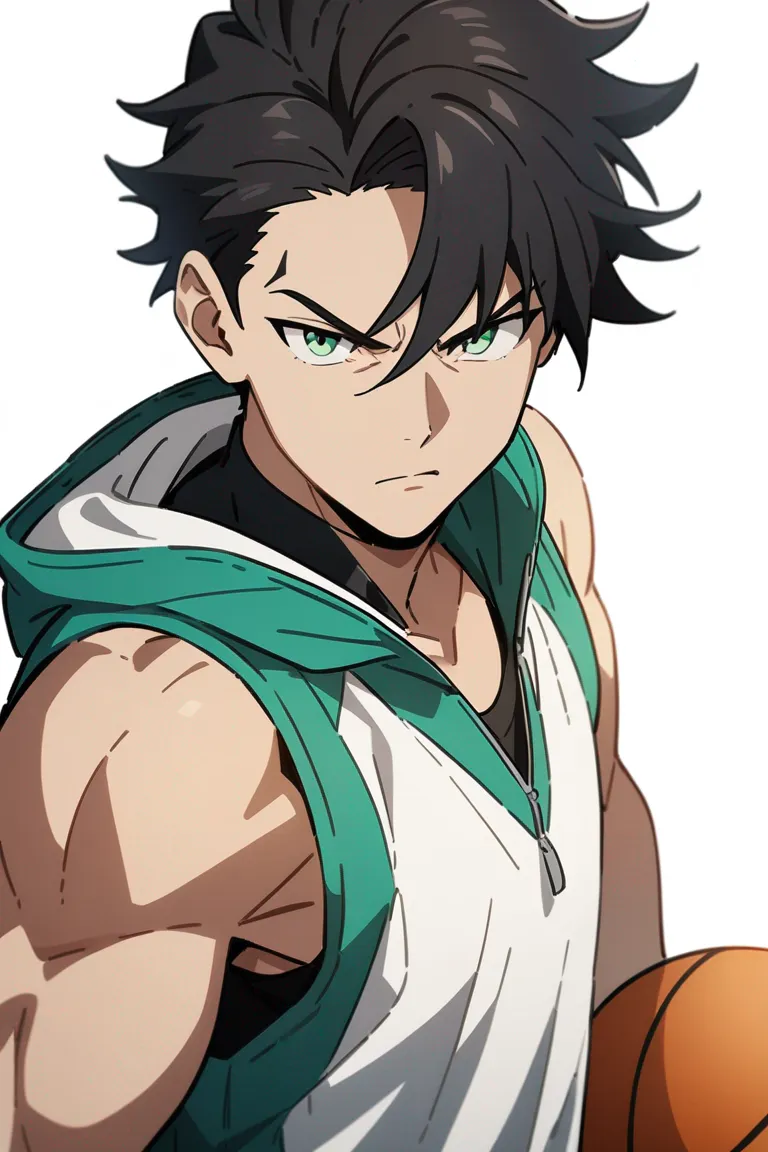 Appearance: 1boy, black hair, green eyes, determined look, sporty outfit, basketball, athletic build, single character, upper body, looking at viewer, anime style, simple background, white background