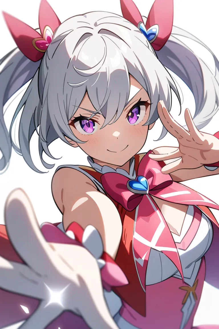 Appearance: 1girl, silver hair, violet eyes, playful smile, magical girl outfit, wand, energetic pose, single character, upper body, looking at viewer, anime style, simple background, white background