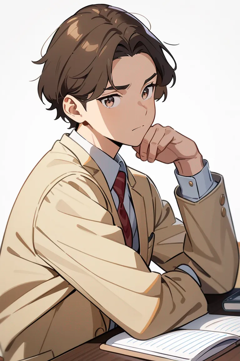 Appearance: 1boy, brown hair, brown eyes, thoughtful expression, school uniform, notebook, studious, single character, upper body, looking at viewer, anime style, simple background, white background
