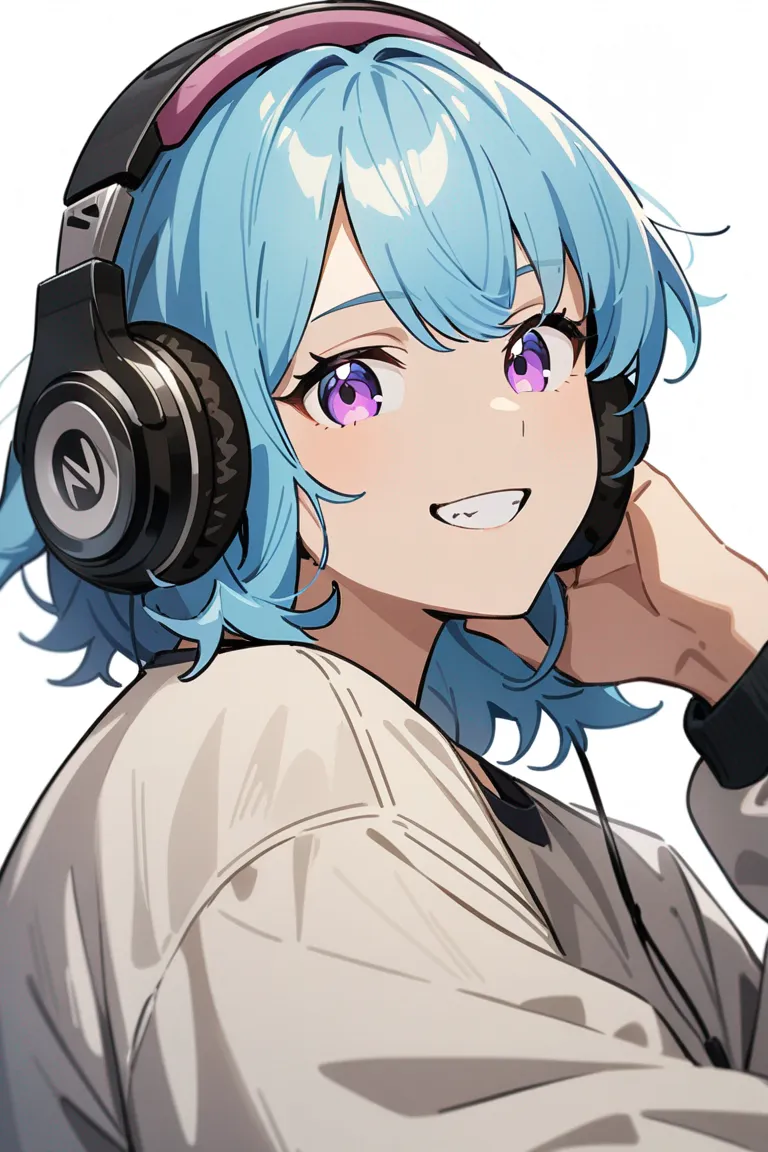 Appearance: 1boy, blue hair, purple eyes, laid-back grin, casual streetwear, headphones, relaxed pose, single character, upper body, looking at viewer, anime style, simple background, white background