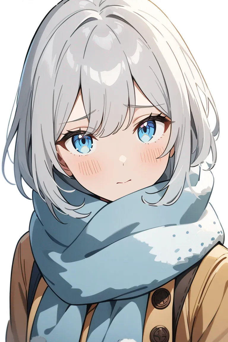 Appearance: 1girl, silver hair, icy blue eyes, shy expression, winter outfit, scarf, cold outside, single character, upper body, looking at viewer, anime style, simple background, white background