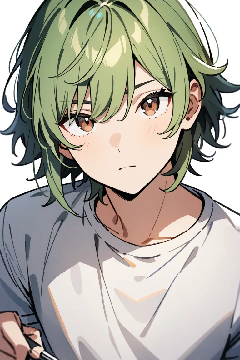 Appearance: 1boy, green hair, brown eyes, thoughtful look, casual t-shirt, sketchbook, artist, single character, upper body, looking at viewer, anime style, simple background, white background