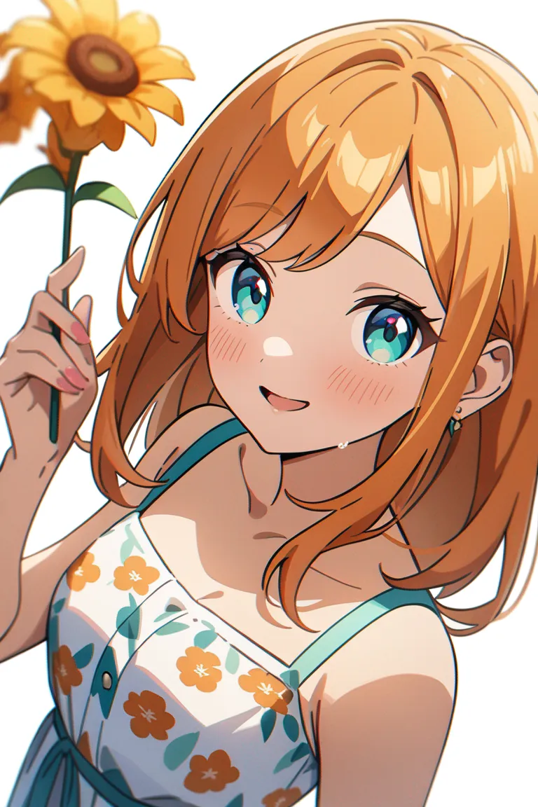 Appearance: 1girl, orange hair, teal eyes, playful wink, summer dress, flowers, cheerful spirit, single character, upper body, looking at viewer, anime style, simple background, white background