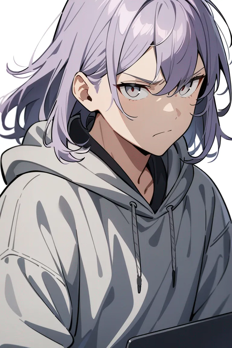 Appearance: 1boy, lavender hair, gray eyes, serious face, hoodie, laptop, gamer, single character, upper body, looking at viewer, anime style, simple background, white background