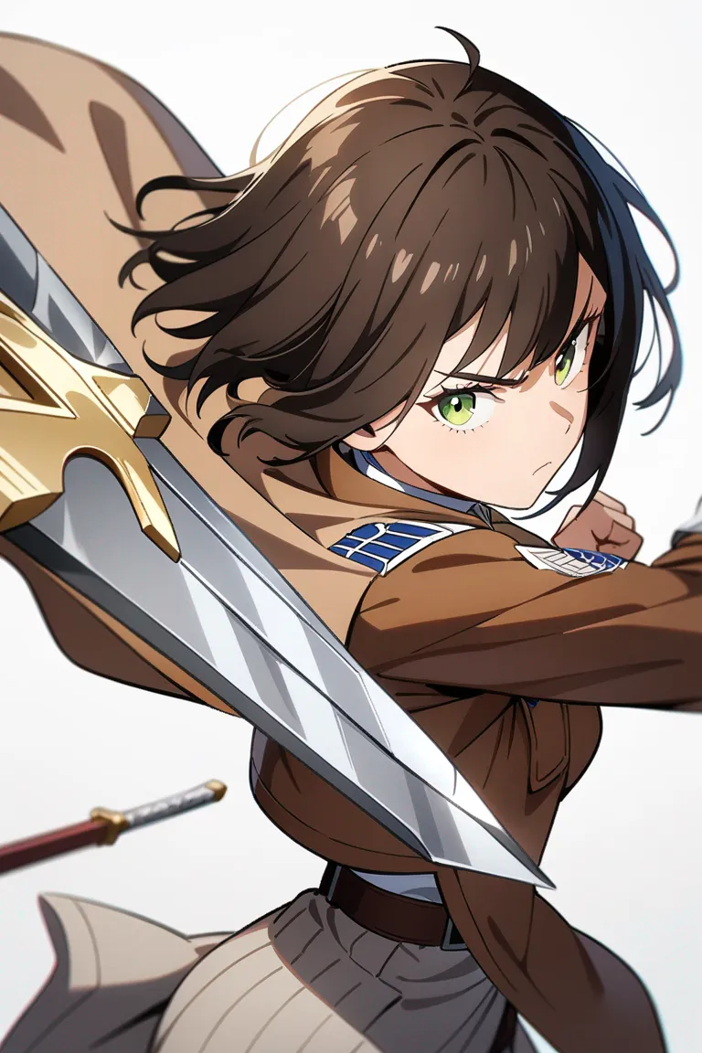Appearance: 1girl, short brown hair, green eyes, determined expression, Attack on Titan style Survey Corps uniform, cape, dual swords, heroic stance, single character, upper body, looking at viewer, anime style, simple background, white background