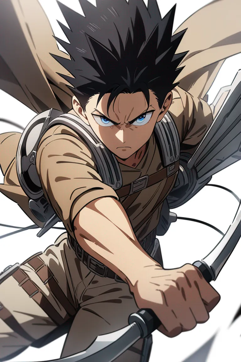 Appearance: 1boy, spiky black hair, blue eyes, serious look, Attack on Titan style military gear, vertical maneuvering equipment, holding blades, focused pose, single character, upper body, looking at viewer, anime style, simple background, white background
