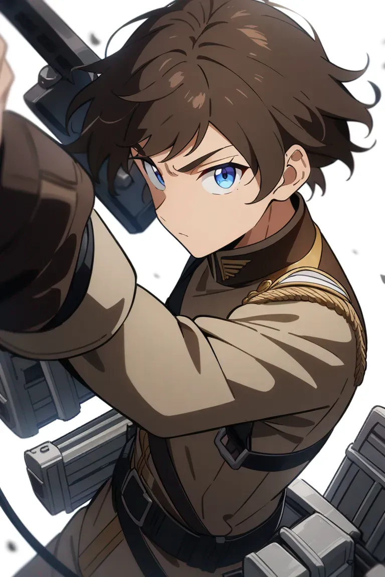Appearance: 1boy, brown hair, blue eyes, focused look, military outfit, vertical maneuvering gear, ready stance, single character, upper body, looking at viewer, anime style, simple background, white background