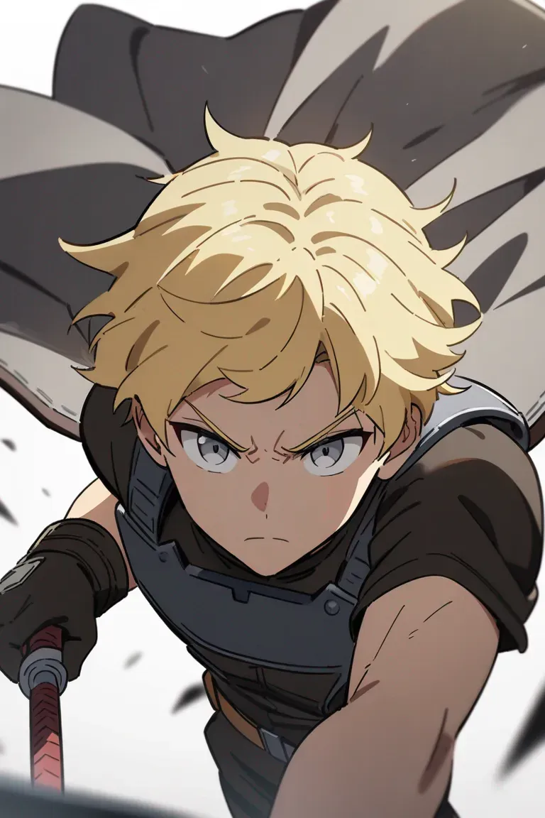 Appearance: 1boy, blonde hair, grey eyes, stoic expression, elite soldier uniform, dual blades, guarding stance, single character, upper body, looking at viewer, anime style, simple background, white background