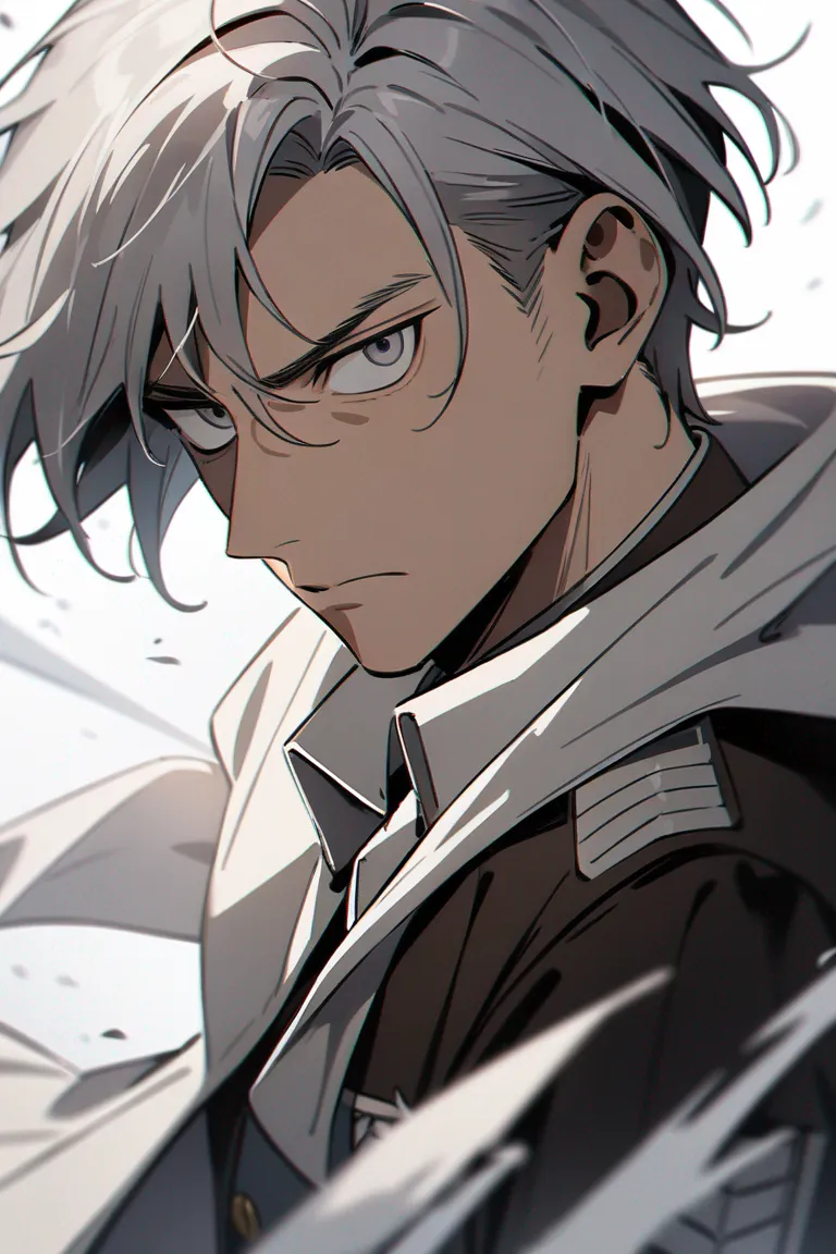 Appearance: 1boy, messy silver hair, gray eyes, brooding expression, Attack on Titan style elite uniform, long coat, standing confidently, single character, upper body, looking at viewer, anime style, simple background, white background