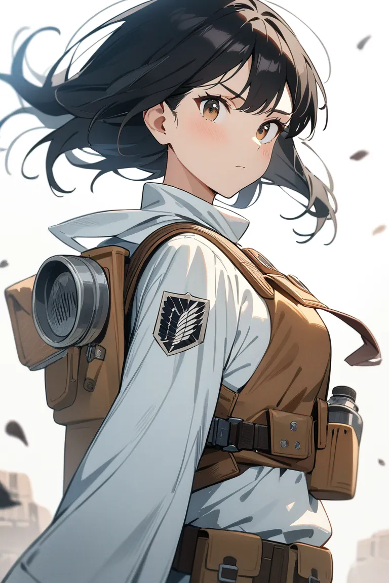 Appearance: 1girl, shoulder-length black hair, brown eyes, adventurous spirit, Attack on Titan style exploration gear, pouches and supplies, standing on a wall, wind blowing, single character, upper body, looking at viewer, anime style, simple background, white background