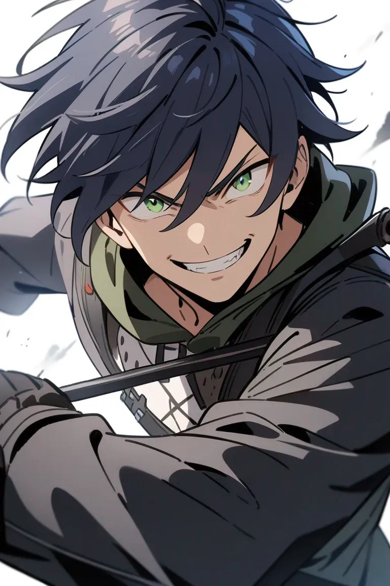 Appearance: 1boy, dark blue hair, green eyes, rebellious grin, underground rebel clothing, makeshift weapon, defiant stance, single character, upper body, looking at viewer, anime style, simple background, white background