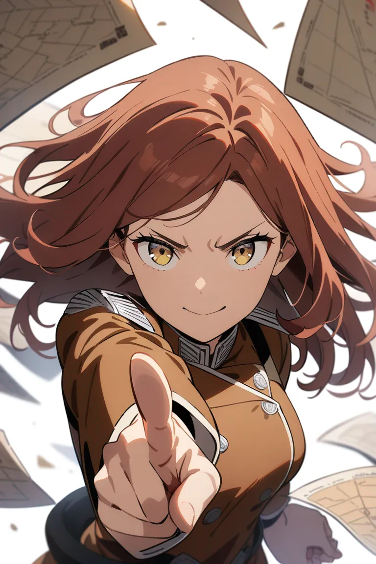 Appearance: 1girl, wavy auburn hair, hazel eyes, strategic smile, Attack on Titan style military dress, maps spread out, pointing at a plan, analytical pose, single character, upper body, looking at viewer, anime style, simple background, white background