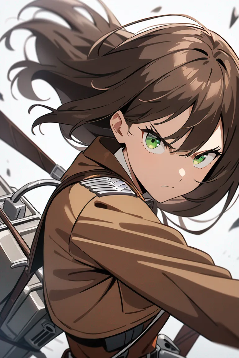 Appearance: 1girl, brown hair, green eyes, determined expression, Attack on Titan style military uniform, vertical maneuvering gear, ready for battle, single character, upper body, looking at viewer, anime style, simple background, white background