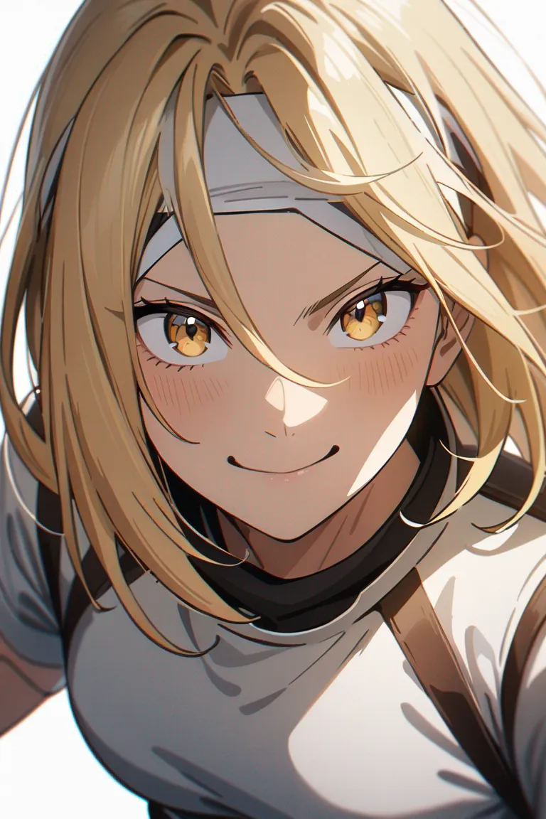 Appearance: 1girl, blonde hair, hazel eyes, playful smile, Attack on Titan style training gear, headband, confident stance, single character, upper body, looking at viewer, anime style, simple background, white background