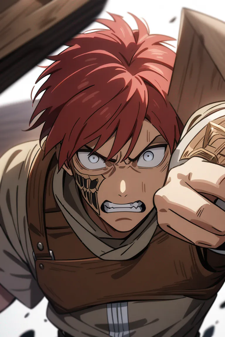 Appearance: 1boy, red hair, gray eyes, fierce expression, Attack on Titan style soldier attire, carved wooden emblem, heroic pose, single character, upper body, looking at viewer, anime style, simple background, white background