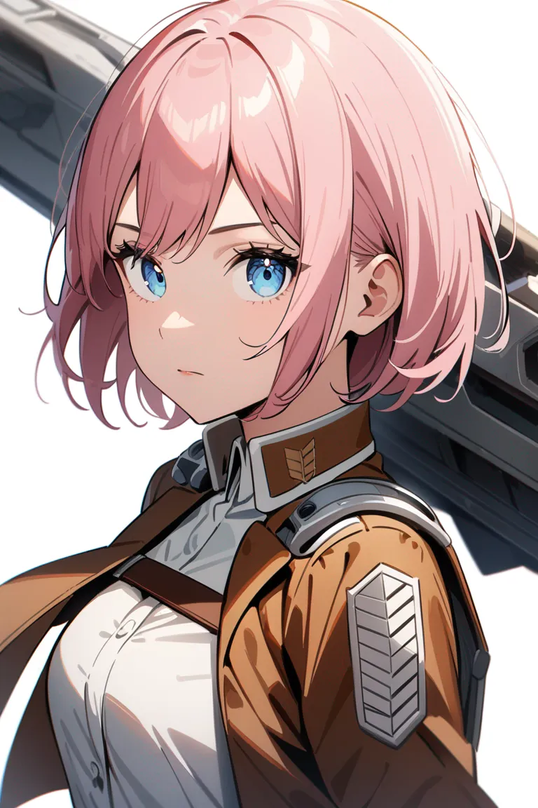 Appearance: 1girl, short pink hair, light blue eyes, calm demeanor, Attack on Titan style uniform, advanced scouting gear, thoughtful pose, single character, upper body, looking at viewer, anime style, simple background, white background