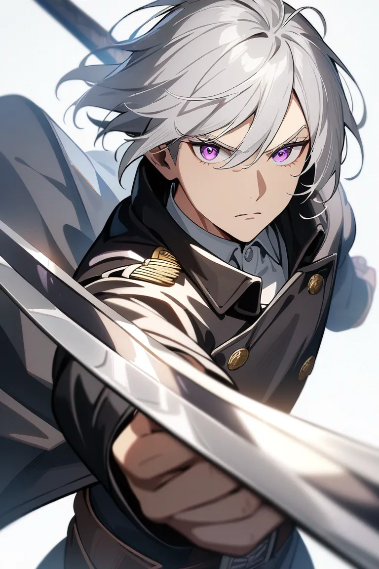 Appearance: 1boy, silver hair, violet eyes, ambitious look, Attack on Titan style captain's coat, sword sheathed, forward stance, single character, upper body, looking at viewer, anime style, simple background, white background