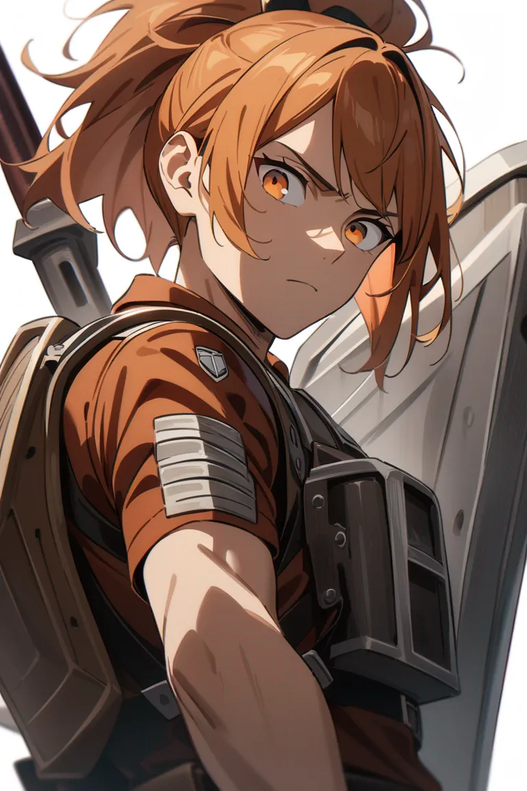 Appearance: 1boy, ginger hair, amber eyes, reflective look, Attack on Titan style military gear, shield on back, steady pose, single character, upper body, looking at viewer, anime style, simple background, white background