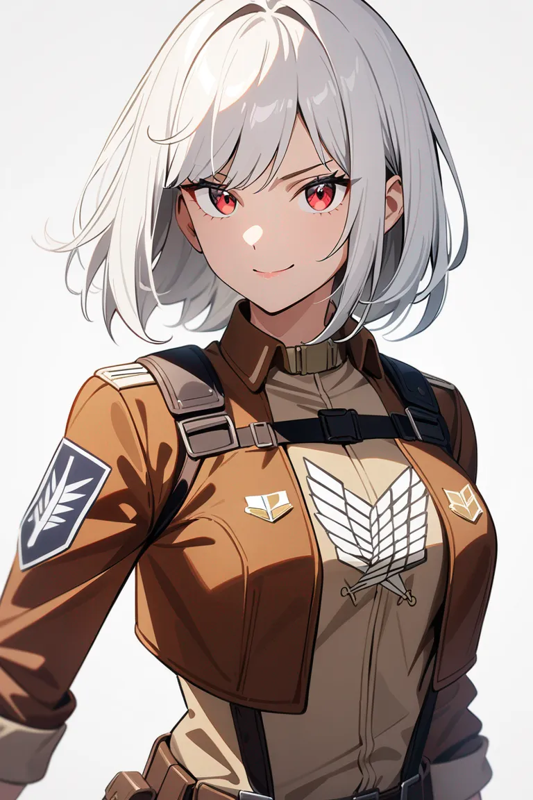 Appearance: 1girl, white hair, red eyes, mysterious smile, Attack on Titan style specialized combat outfit, unique insignia, confident pose, single character, upper body, looking at viewer, anime style, simple background, white background