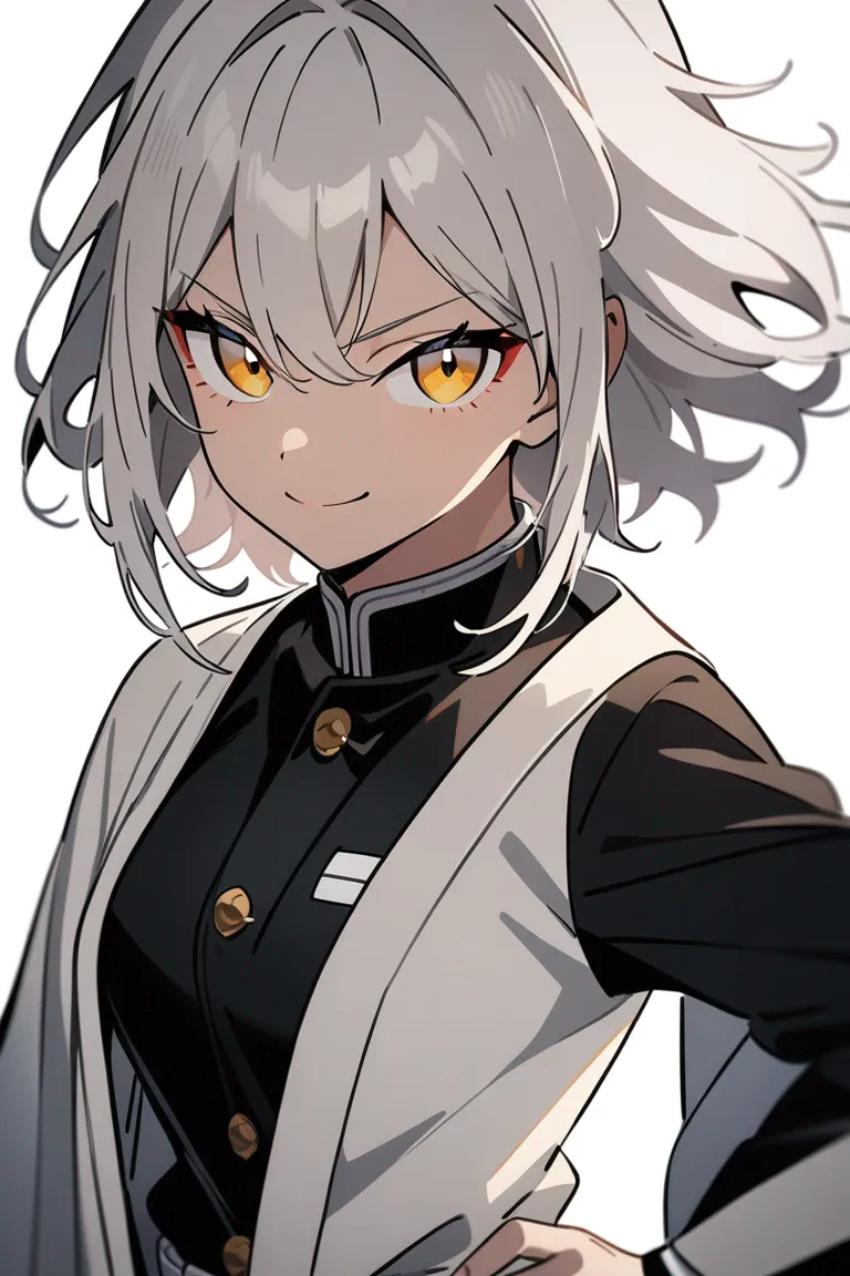Appearance: 1girl, short white hair, golden eyes, playful smile, Demon Slayer style demon slayer uniform, hand on hip, confident pose, single character, upper body, looking at viewer, anime style, simple background, white background