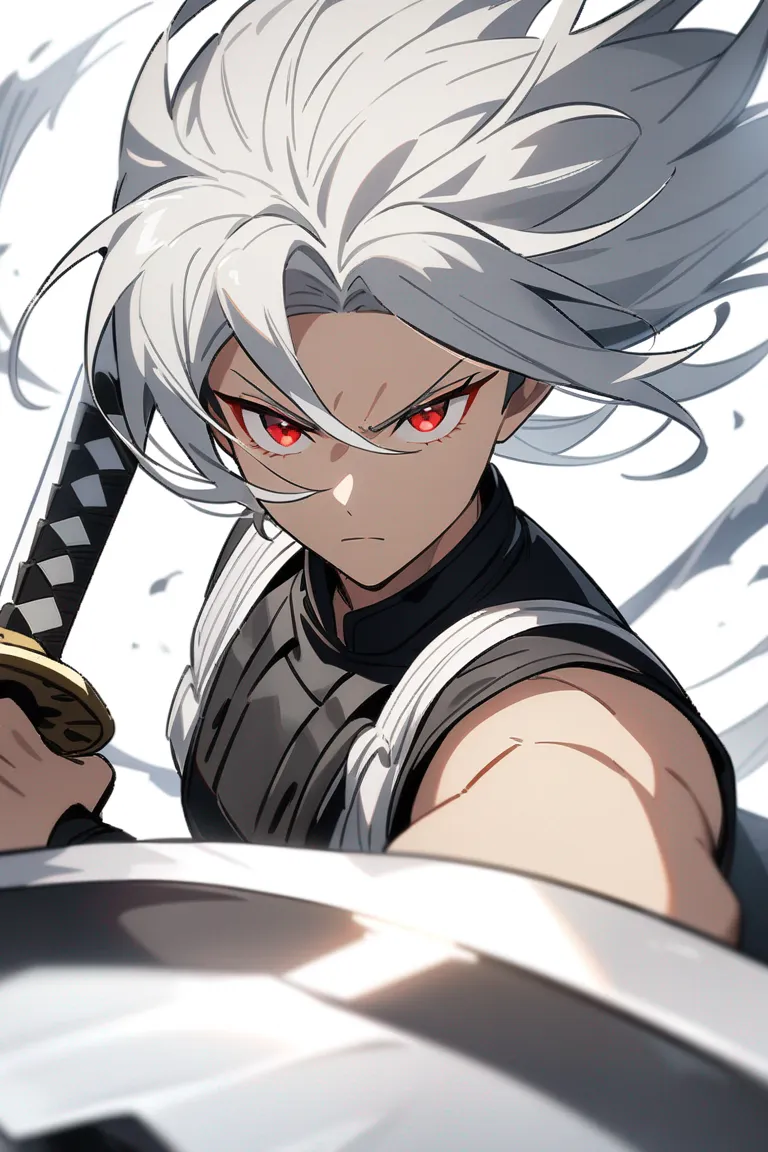 Appearance: 1boy, long silver hair, red eyes, intense look, Demon Slayer style combat gear, dual swords, poised for action, single character, upper body, looking at viewer, anime style, simple background, white background