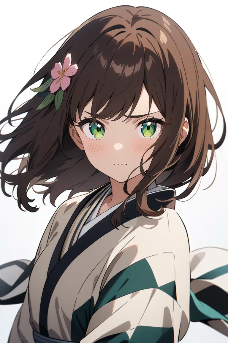 Appearance: 1girl, brown hair, green eyes, shy expression, Demon Slayer style training kimono, flower hairpin, gentle stance, single character, upper body, looking at viewer, anime style, simple background, white background