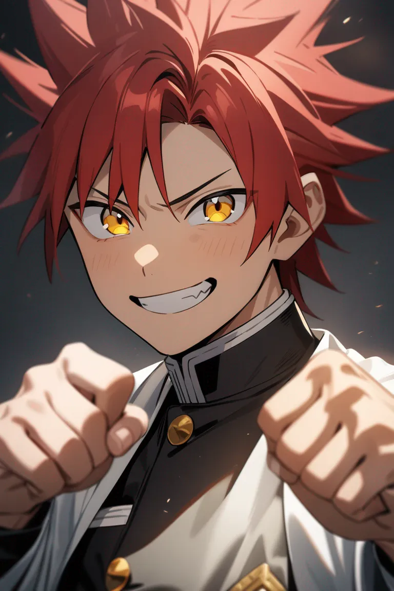 Appearance: 1boy, spiky red hair, yellow eyes, cheerful grin, Demon Slayer style uniform, combat-ready pose, single character, upper body, looking at viewer, anime style, simple background, white background