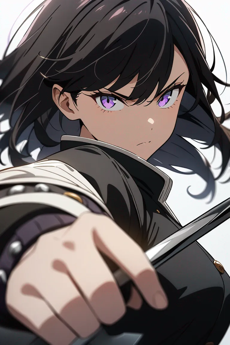 Appearance: 1girl, long black hair, lavender eyes, determined glare, Demon Slayer style modified outfit, spear, aggressive stance, single character, upper body, looking at viewer, anime style, simple background, white background