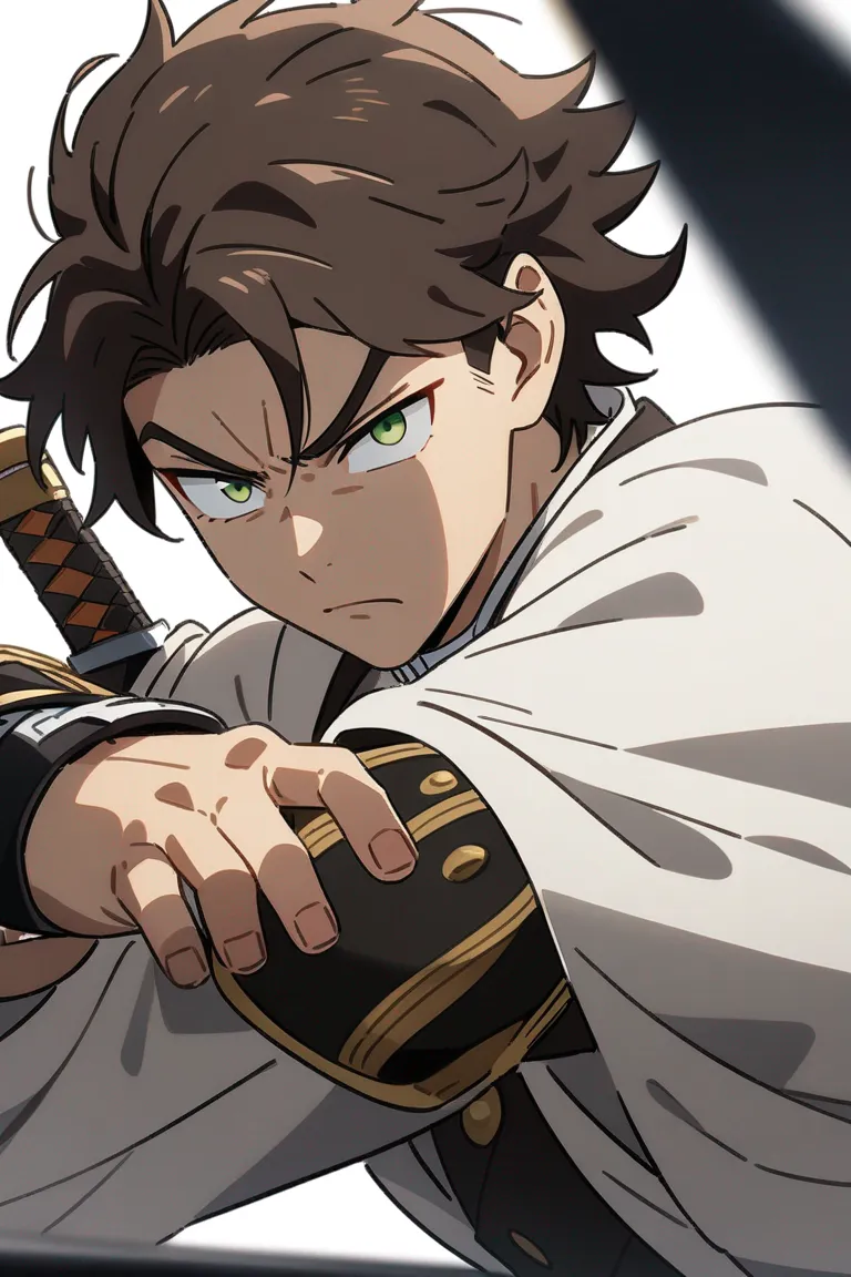 Appearance: 1boy, unkempt brown hair, green eyes, serious expression, Demon Slayer style historical attire, wrist guards, defensive pose, single character, upper body, looking at viewer, anime style, simple background, white background