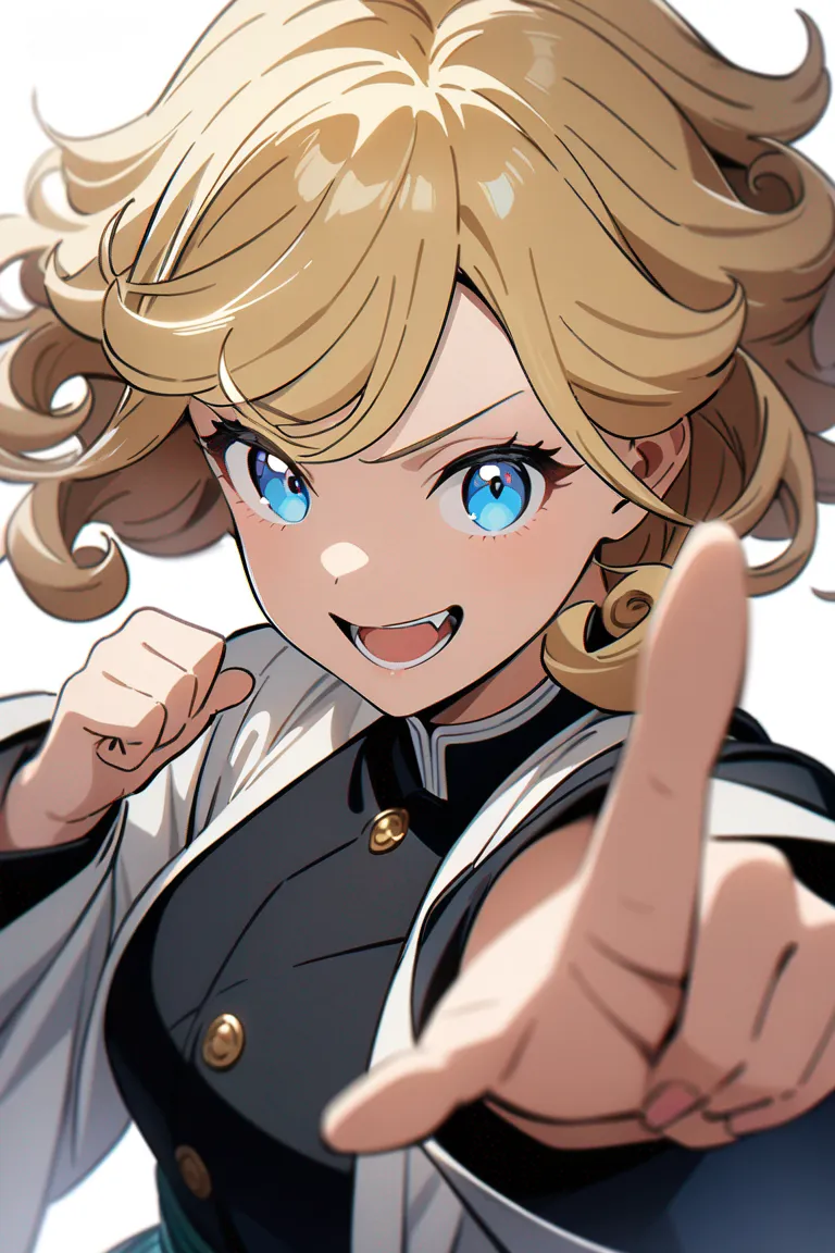 Appearance: 1girl, curly blonde hair, ocean blue eyes, excited smile, Demon Slayer style lively outfit, hand raised, enthusiastic pose, single character, upper body, looking at viewer, anime style, simple background, white background