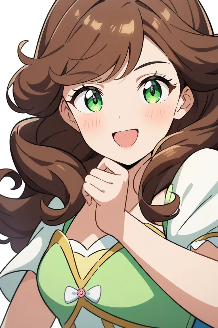 Appearance: 1girl, long curly brown hair, green eyes, cheerful expression, Disney style princess dress, floral accents, joyous pose, single character, upper body, looking at viewer, anime style, simple background, white background