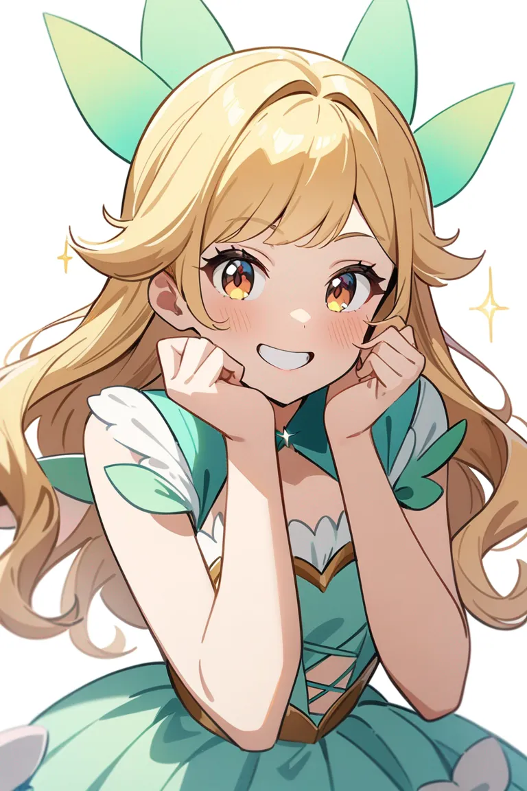 Appearance: 1girl, wavy golden hair, hazel eyes, mischievous smile, Disney style fairy outfit, sparkly wings, playful pose, single character, upper body, looking at viewer, anime style, simple background, white background