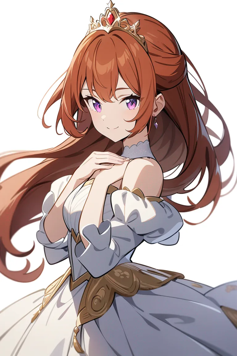 Appearance: 1girl, shoulder-length auburn hair, violet eyes, kind smile, Disney style royal gown, tiara, graceful pose, single character, upper body, looking at viewer, anime style, simple background, white background