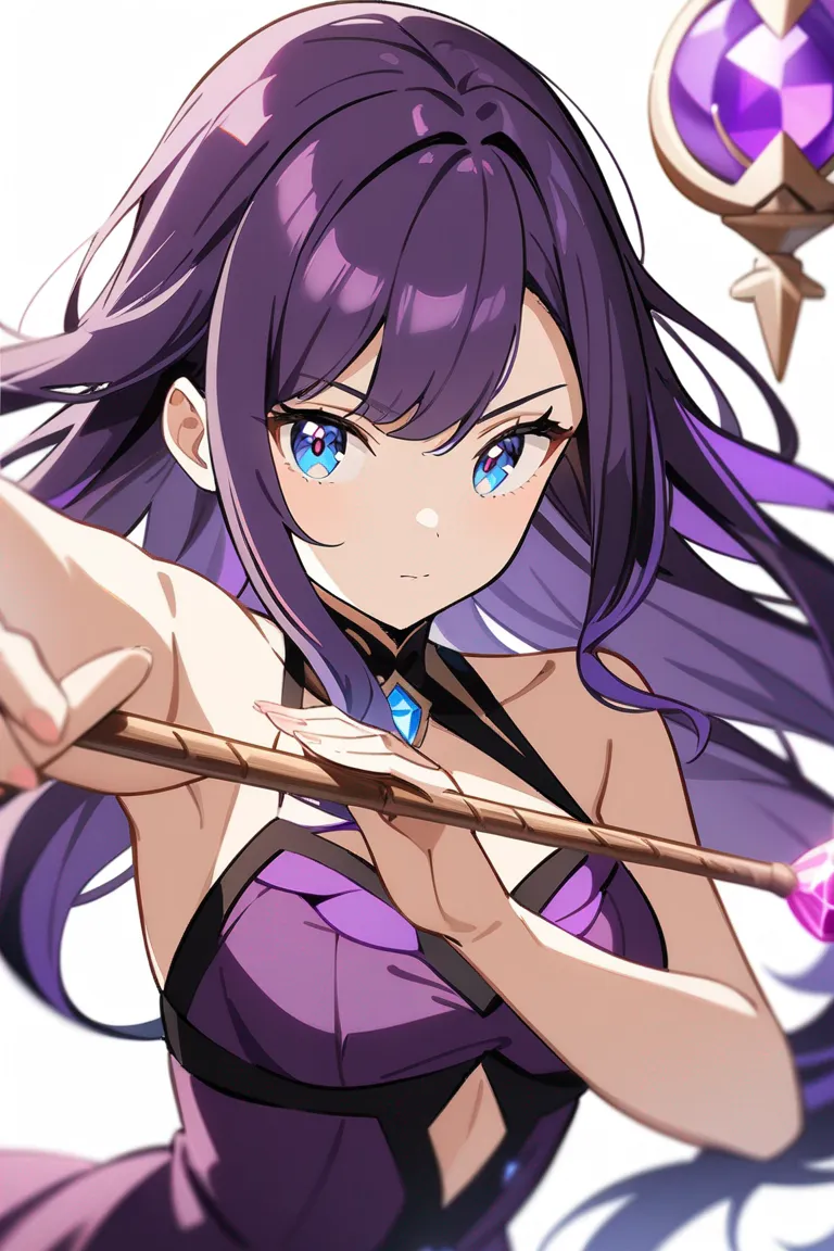 Appearance: 1girl, cascade purple hair, bright blue eyes, enchanting gaze, Disney style enchantress dress, magical staff, mysterious pose, single character, upper body, looking at viewer, anime style, simple background, white background
