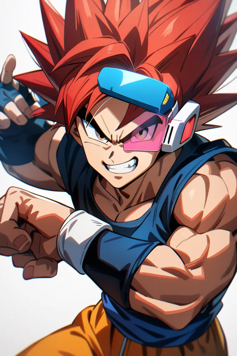 Appearance: 1boy, spiky red hair, brown eyes, confident grin, Dragon Ball style fighter clothing, power level scouter, heroic stance, single character, upper body, looking at viewer, anime style, simple background, white background