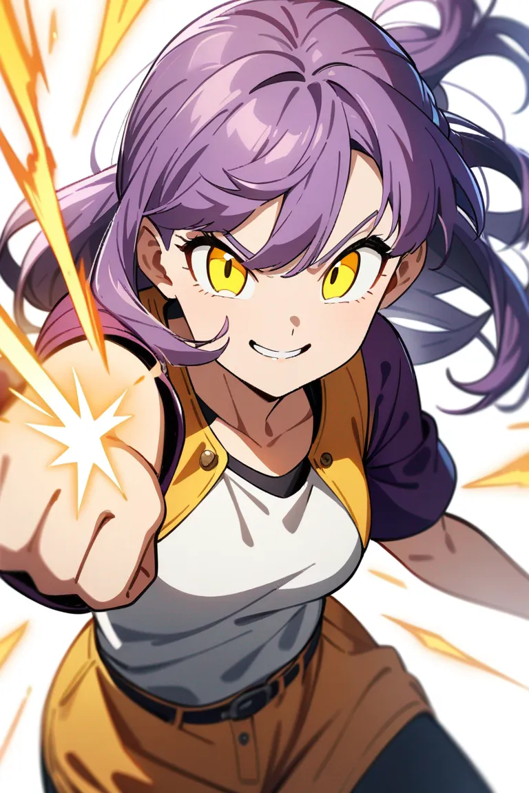 Appearance: 1girl, purple hair, yellow eyes, playful smile, Dragon Ball style casual outfit, energy blast, energetic pose, single character, upper body, looking at viewer, anime style, simple background, white background