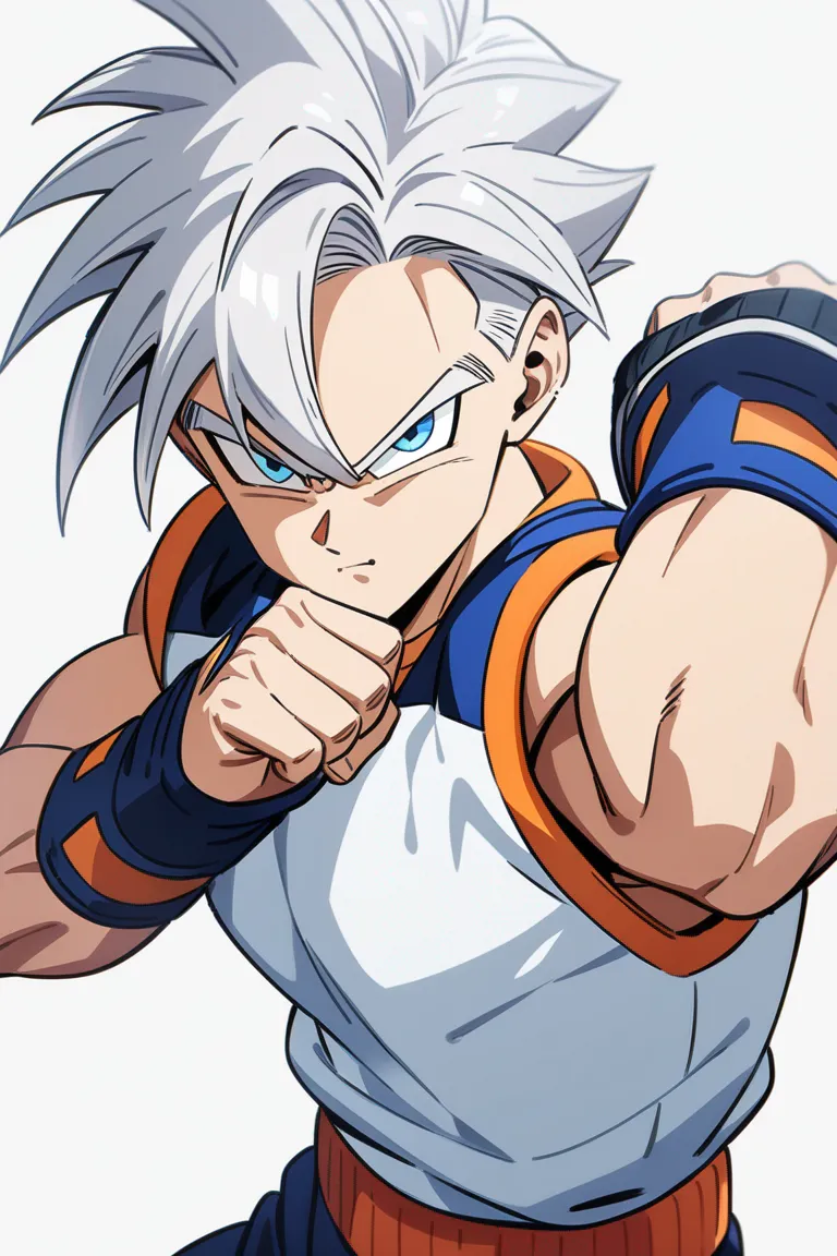 Appearance: 1boy, silver hair, blue eyes, mischievous look, Dragon Ball style training gear, weighted clothing, fighting stance, single character, upper body, looking at viewer, anime style, simple background, white background
