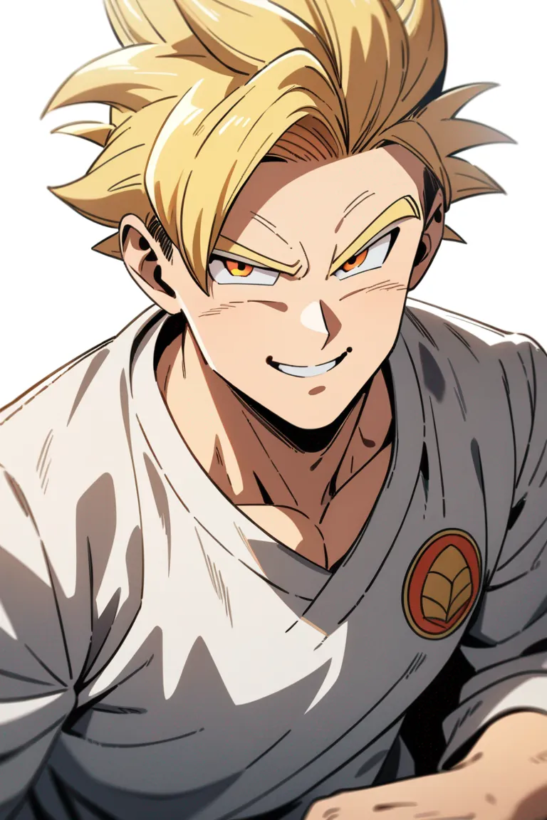 Appearance: 1boy, blonde hair, orange eyes, joyful smile, Dragon Ball style gi, dragon emblem, relaxed pose, single character, upper body, looking at viewer, anime style, simple background, white background