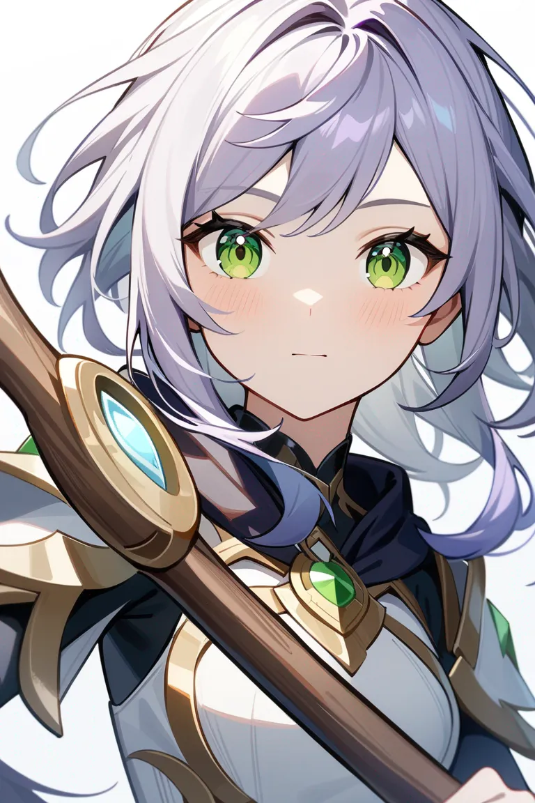 Appearance: 1girl, lavender hair, green eyes, curious expression, Genshin Impact style armor, magic staff, adventurer's spirit, single character, upper body, looking at viewer, anime style, simple background, white background