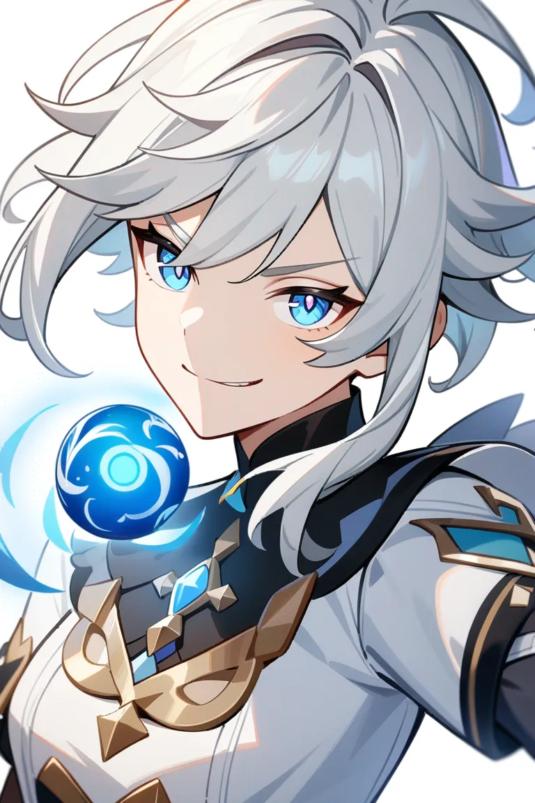 Appearance: 1boy, silver hair, blue eyes, playful smirk, Genshin Impact style outfit, elemental orb, dynamic pose, single character, upper body, looking at viewer, anime style, simple background, white background