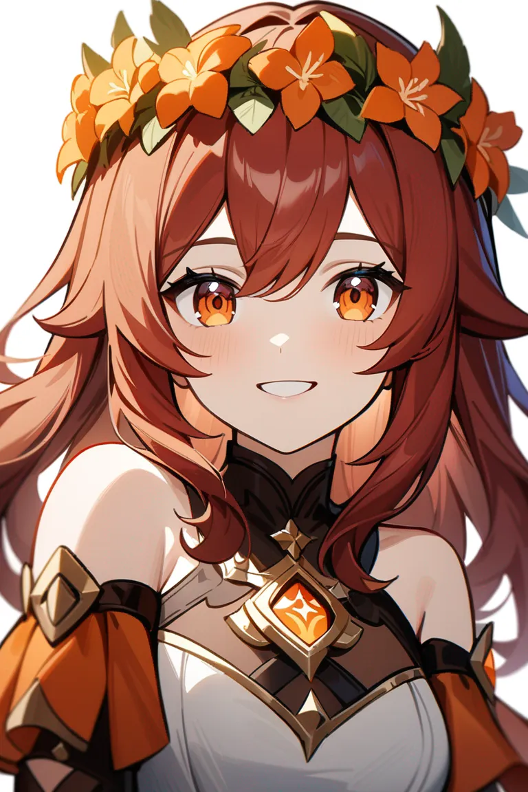 Appearance: 1girl, red hair, amber eyes, serene smile, Genshin Impact style dress, flower crown, gentle demeanor, single character, upper body, looking at viewer, anime style, simple background, white background